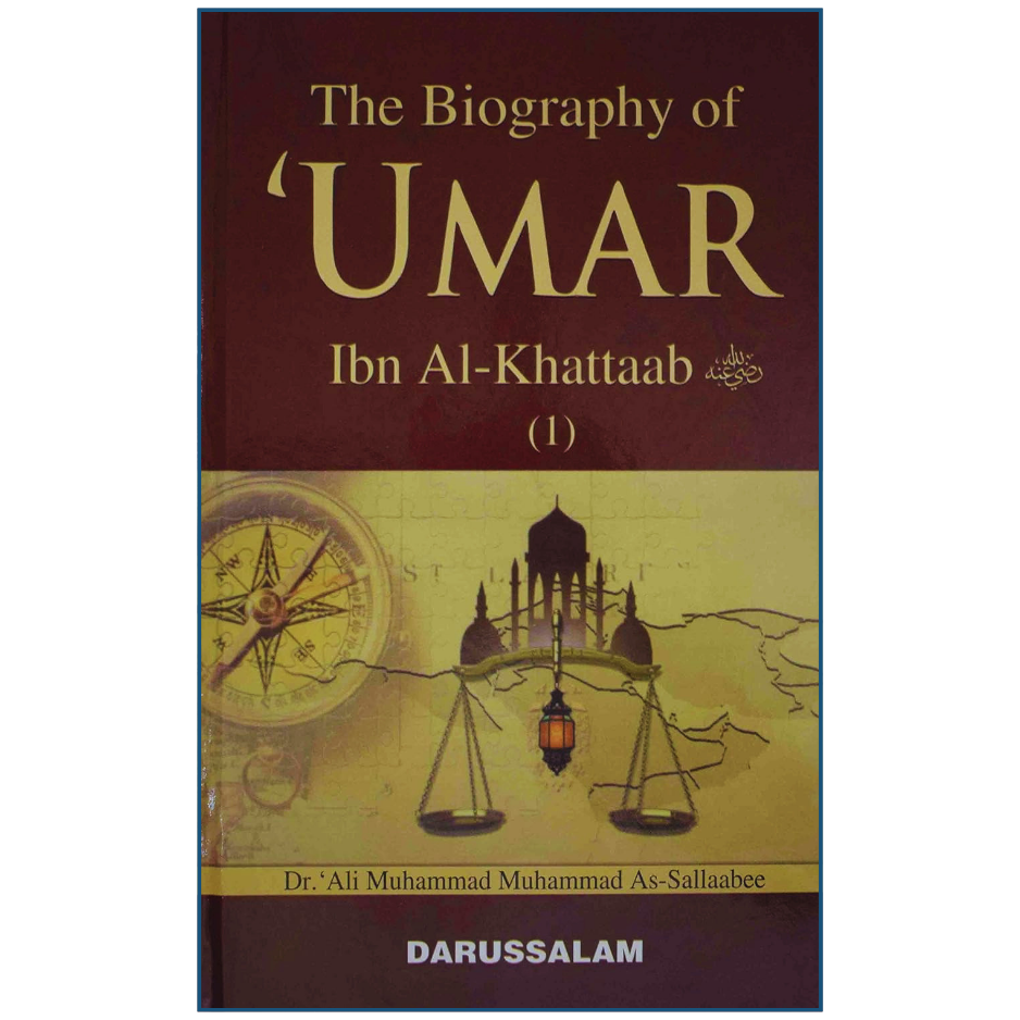 Book cover of 'The Biography of Umar Ibn Al-Khattaab' with architectural and compass design elements.