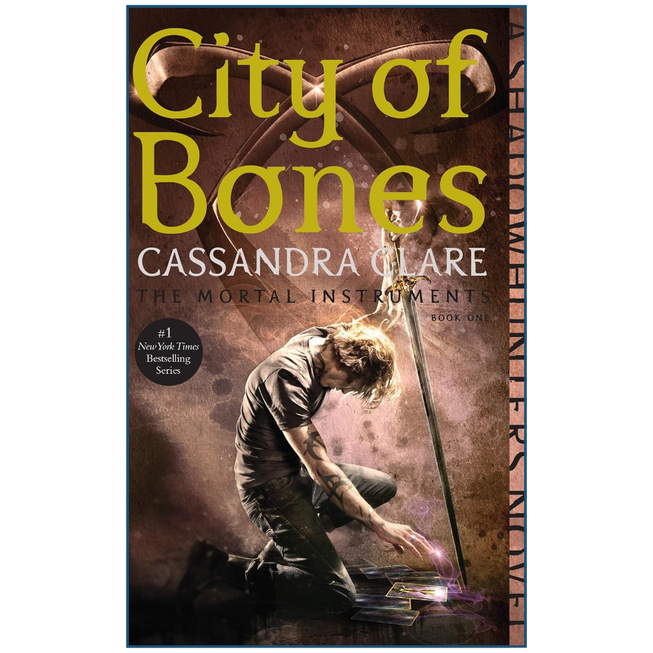 Book cover of 'City of Bones' by Cassandra Clare with a character kneeling and a glowing object.