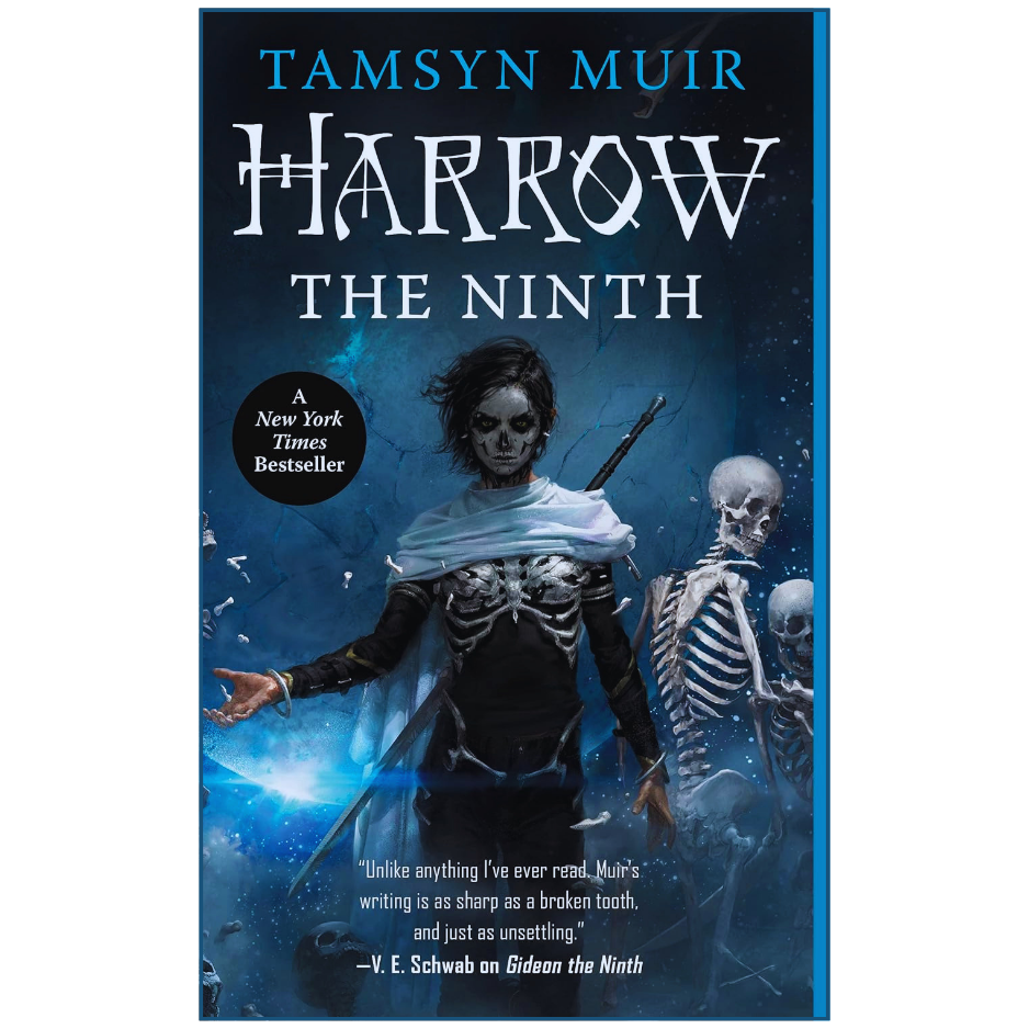 Book cover of 'Harrow the Ninth' by Tamsyn Muir with a dark blue background and skeleton characters.