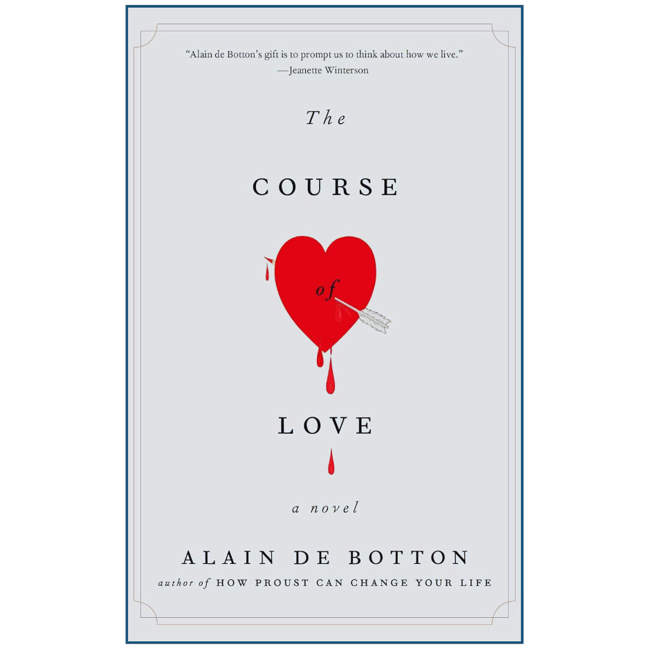 Book cover of 'The Course of Love' by Alain de Botton with a red heart and arrow on a light gray background.