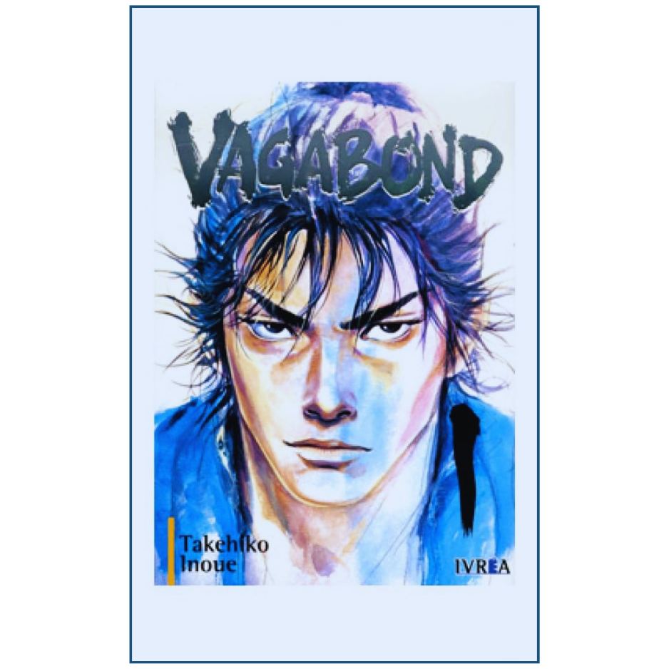 Cover of 'Vagabond' manga with a character's face and title on a light blue background