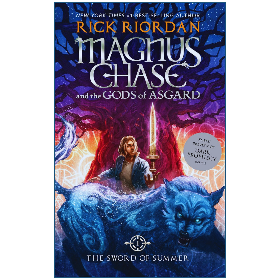 Book cover of 'Magnus Chase and the Gods of Asgard' featuring a character with a sword and a creature.