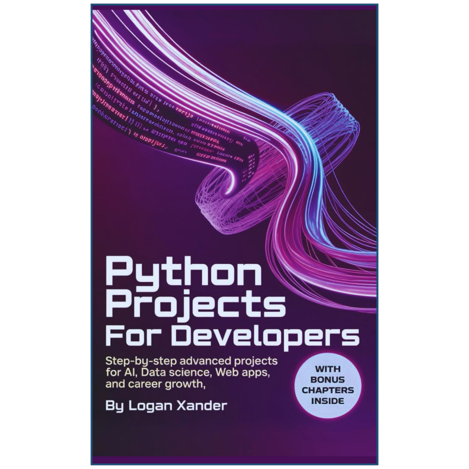 Book cover of 'Python Projects for Developers' with a purple and pink abstract design on a dark background.