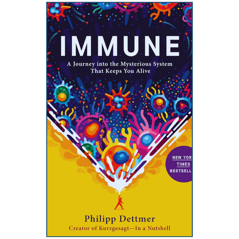 Book cover of 'Immune' by Philipp Dettmer with colorful illustrations on a dark blue and yellow background.