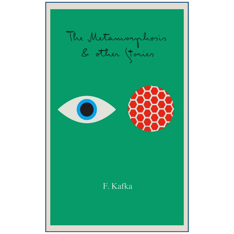 Book cover of 'The Metamorphosis & Other Stories' by F. Kafka with eye and honeycomb design on green background