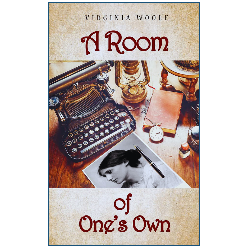 Book cover of 'A Room of One's Own' by Virginia Woolf featuring a typewriter and desk.