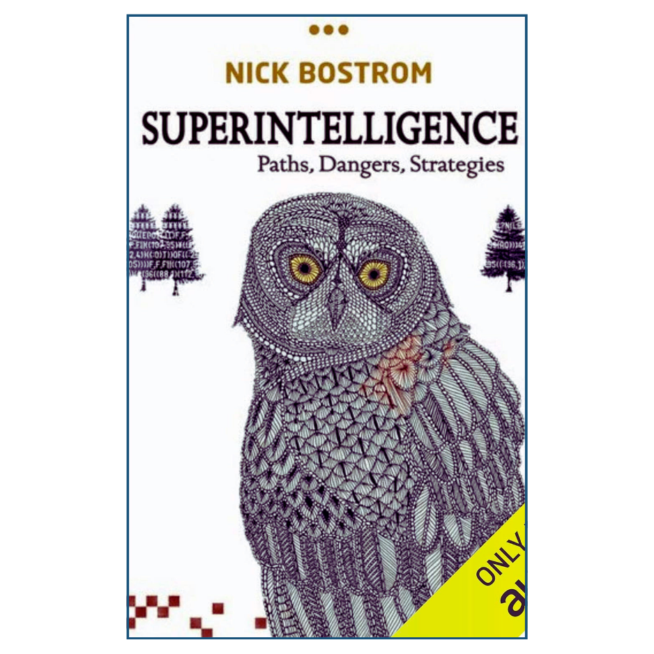 Book cover of 'Superintelligence' by Nick Bostrom featuring an owl illustration.