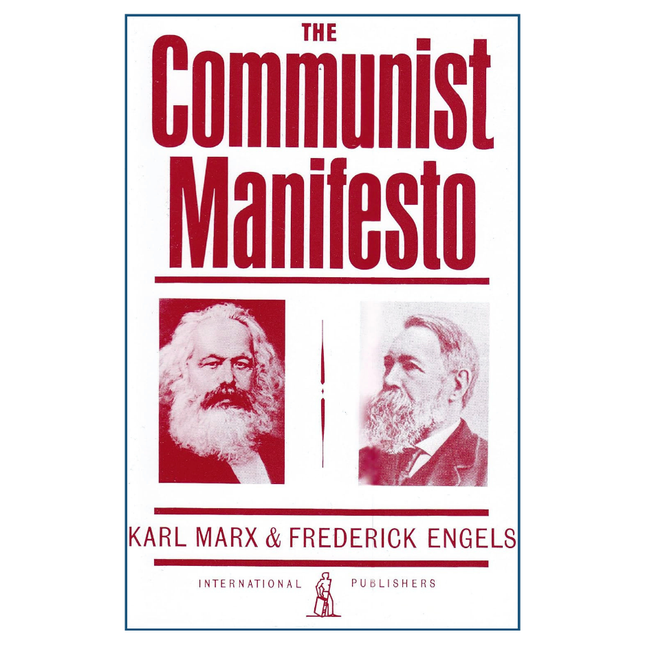 Book cover of 'The Communist Manifesto' with portraits of Karl Marx and Frederick Engels.
