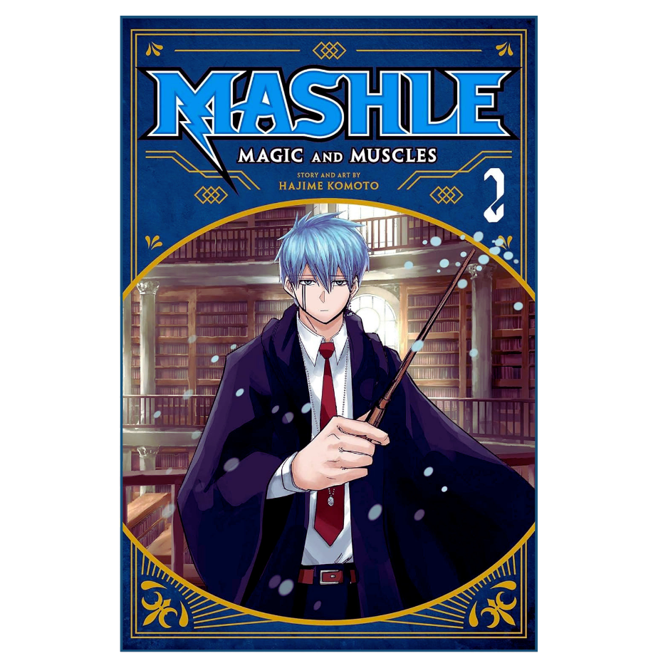 Book cover of 'Mashle: Magic and Muscles' with an illustration of a character holding a staff in a library setting.
