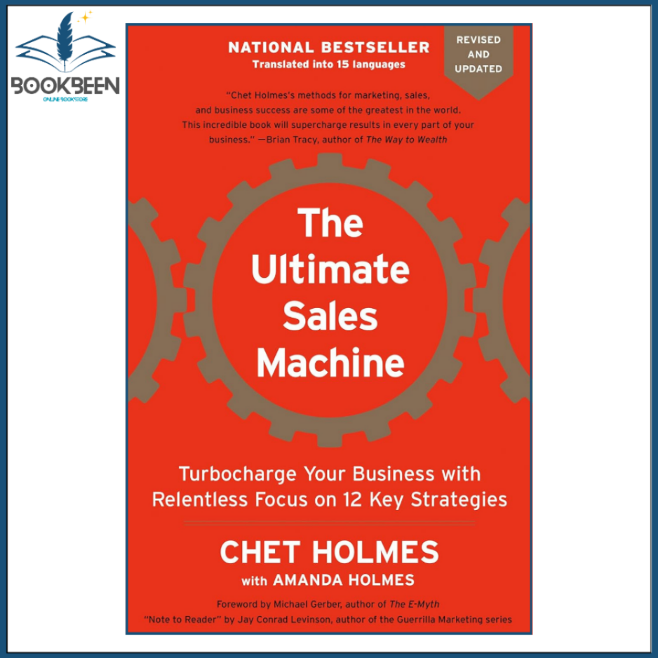 Book cover of 'The Ultimate Sales Machine' by Chet Holmes with a red background and gear design.