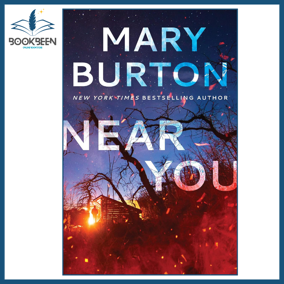 Book cover of 'Near You' by Mary Burton with a silhouette of a tree and cabin at sunset.