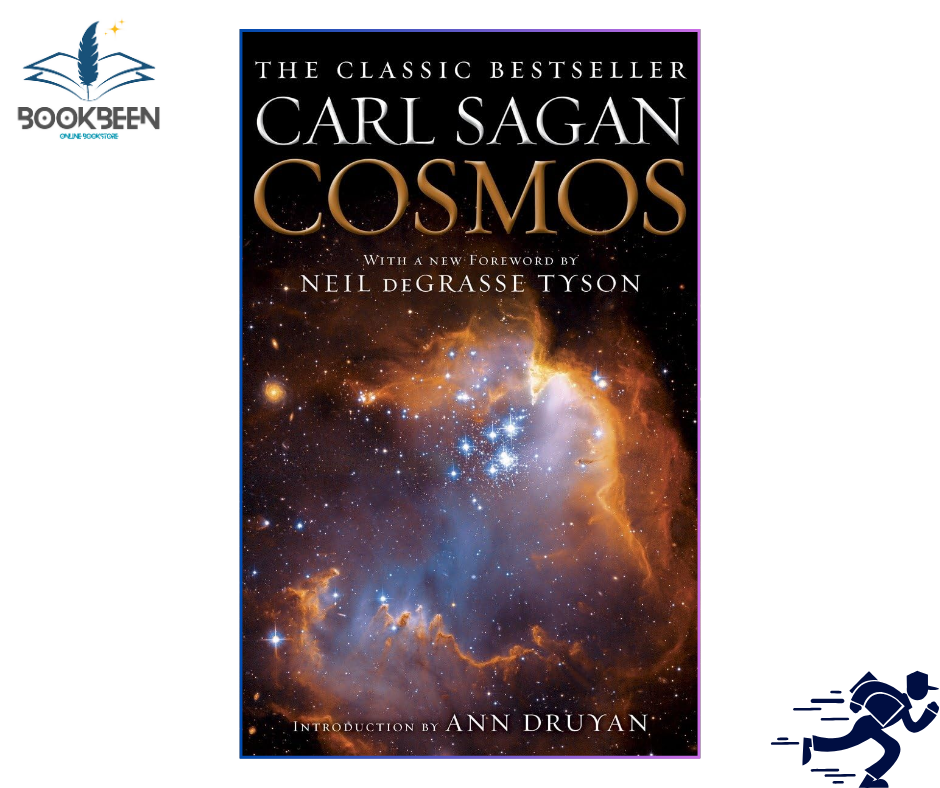 Book cover of 'Cosmos' by Carl Sagan with a nebula image on the background
