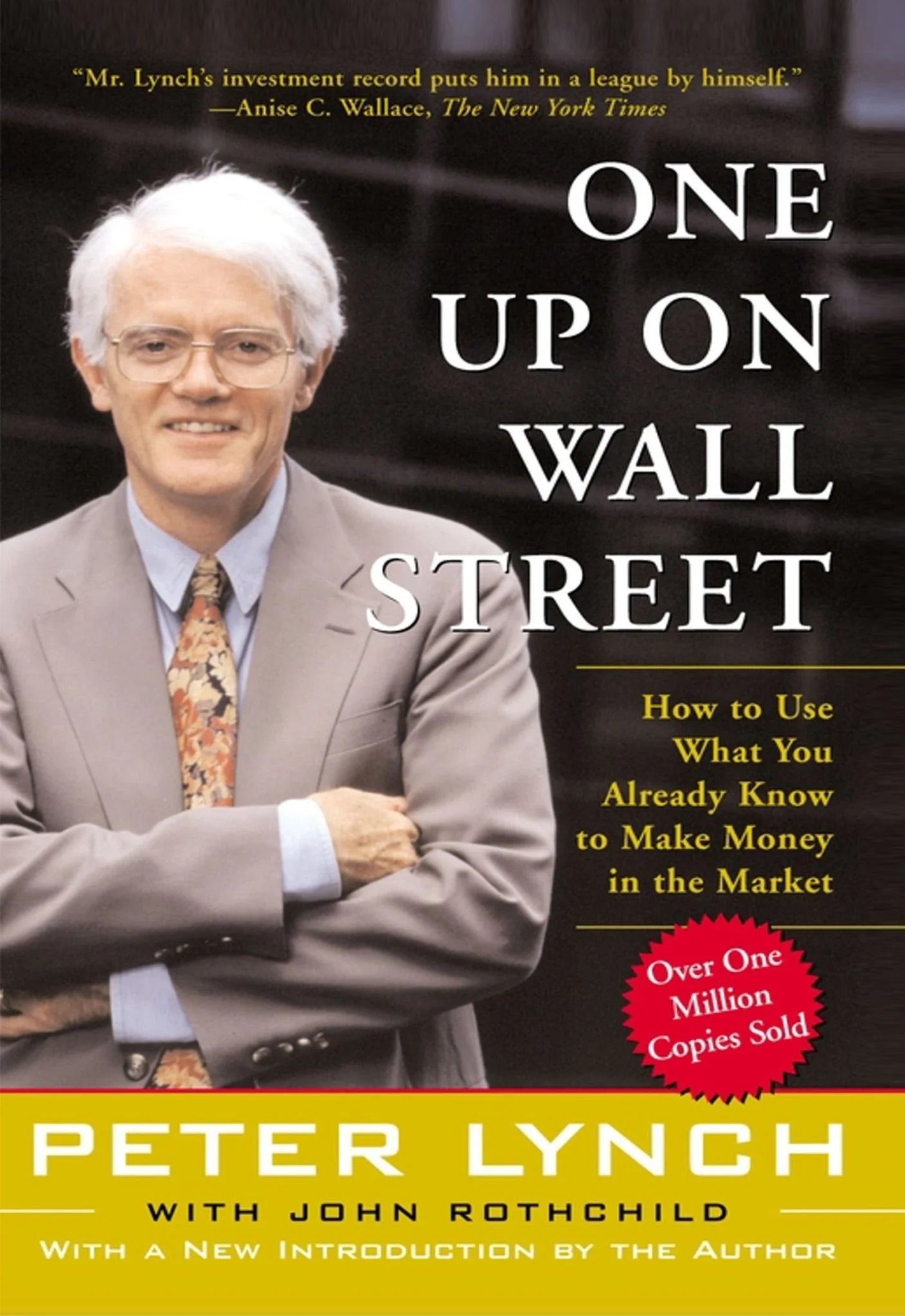Book cover for 'One Up on Wall Street' by Peter Lynch, featuring a portrait of Peter Lynch in a gray suit on a dark background with large white title text and a yellow author band at the bottom.