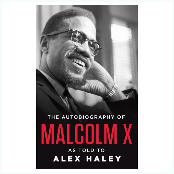 Book cover of The Autobiography of Malcolm X with a portrait of Malcolm X in a dark suit and tie against a yellow background

