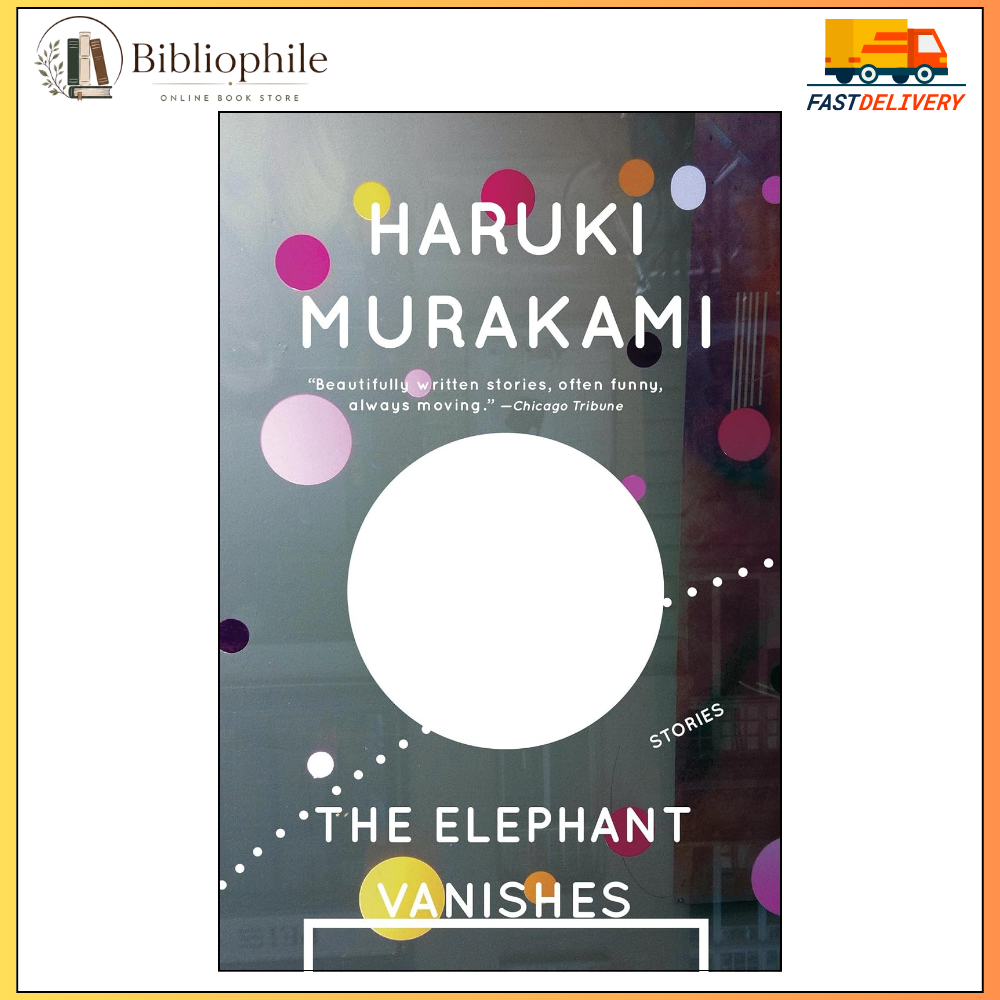 Book cover of 'The Elephant Vanishes' by Haruki Murakami with colorful dots and a white circle on a dark background.